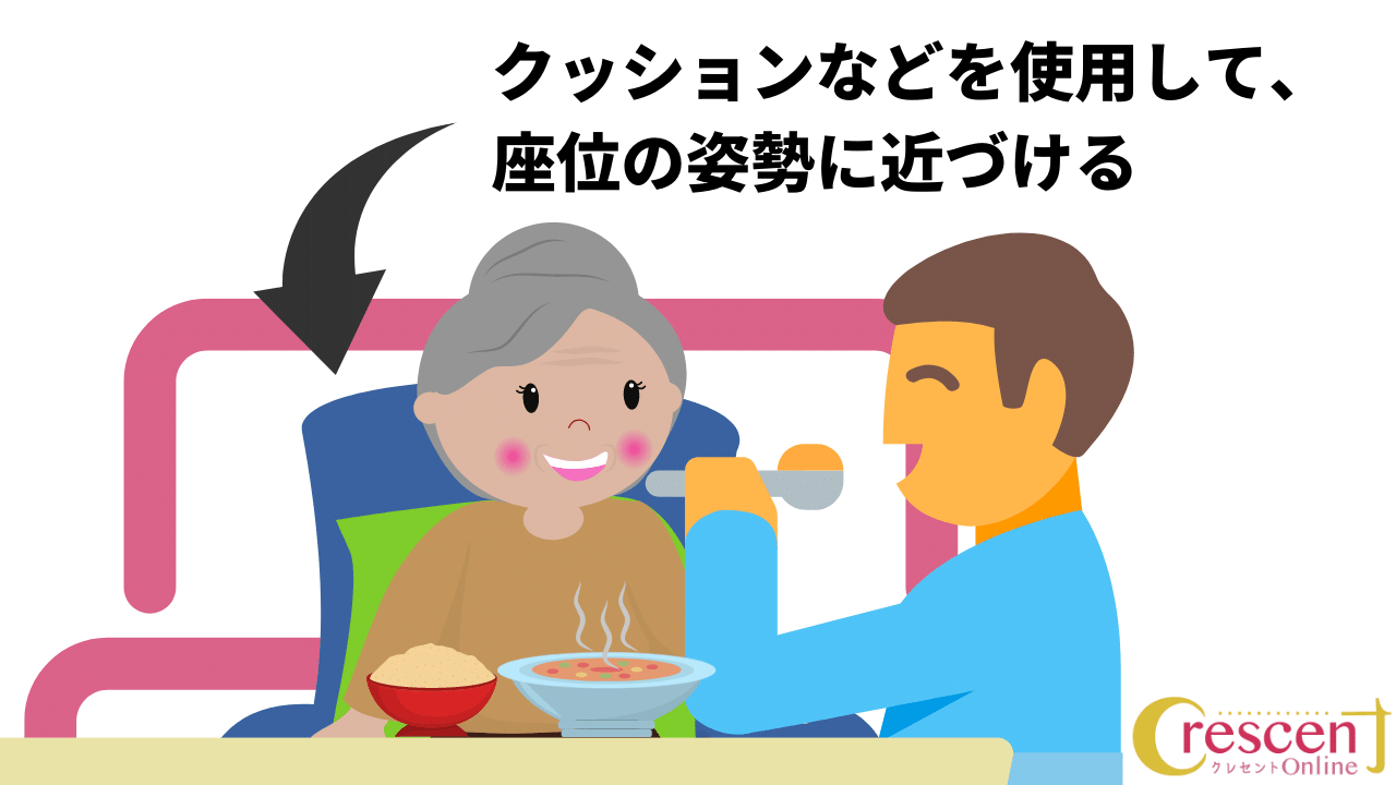 姿勢を正した上、食事介助を行う